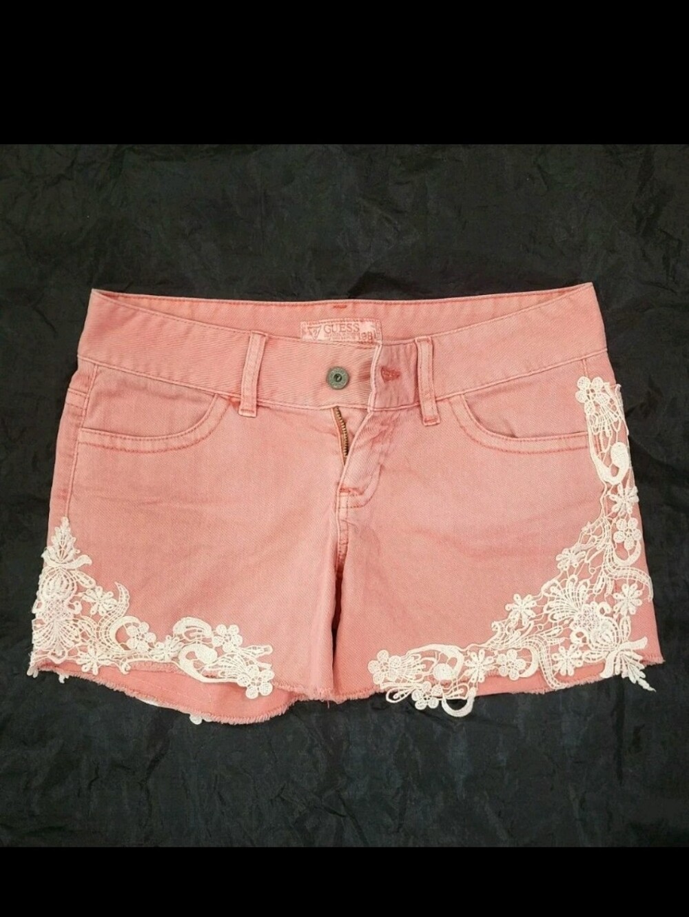 GUESS Women's Peach Denim Shorts w White Lace Overlay Size 27